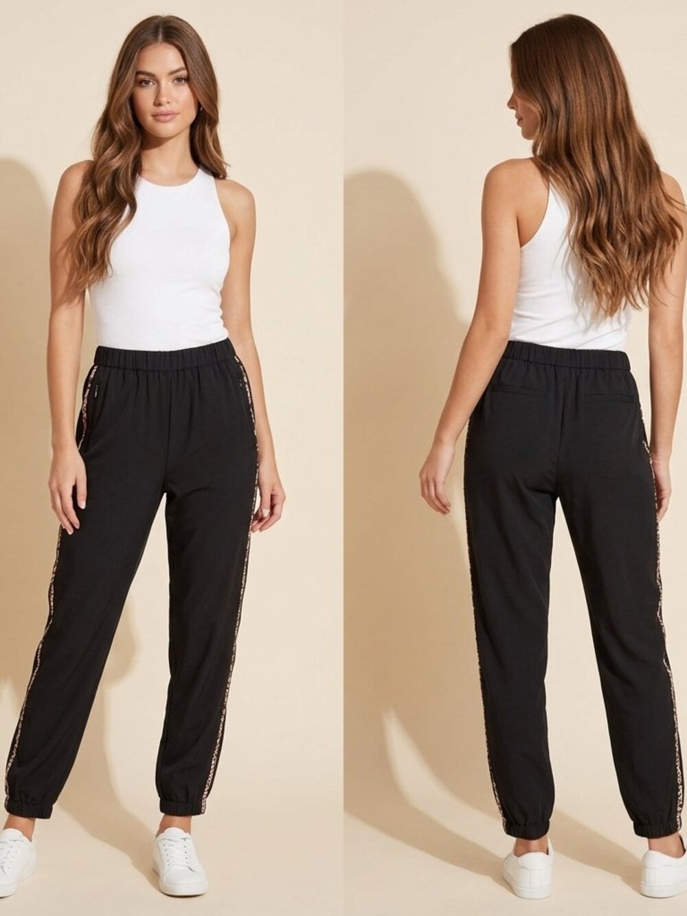 Twelfth Street by Cynthia Vincent Black 100% Silk Joggers Leopard Trim Large L